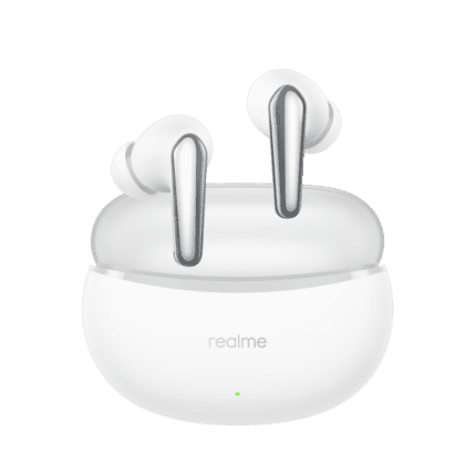 Realme Buds Air 3 Neo left and right earbuds view and box (Galaxy White)